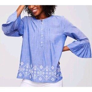Loft Halft Button Down Embroidered Half Sleeve  Top Size M